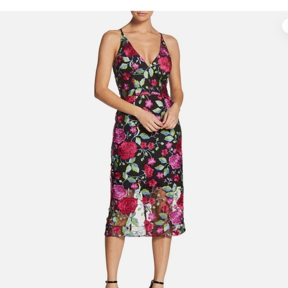 Dress The Population Black Floral Embroidered Lace Aurora Sheer Hem Midi xs - Picture 2 of 6